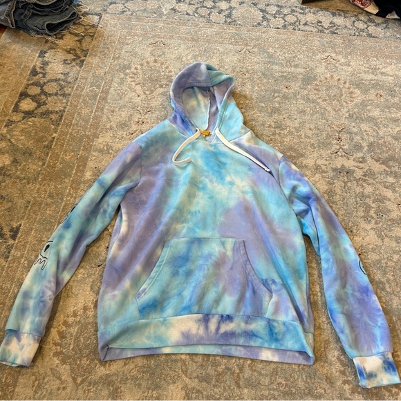 Tops - Blue and Purple Tie Dye Hoodie “Good Vibes” Melting Smiley Face